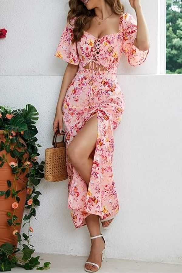 pink floral midi dress with cut out